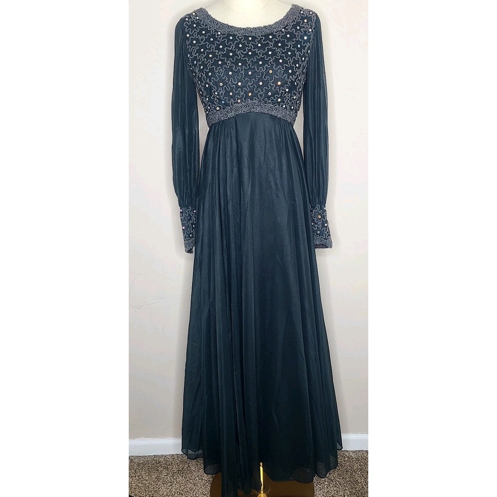 Vintage Mike Benet Formals Beaded Rhinestone Empire‎ Waist Black Gown Size 8